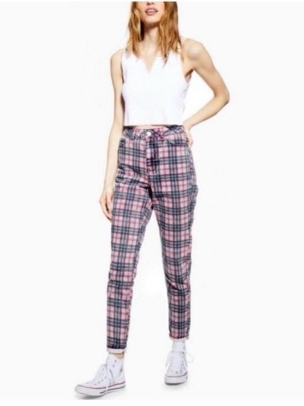 Topshop Plaid Checkered Denim High Rise Mom Jeans in Bright Pink & Blue